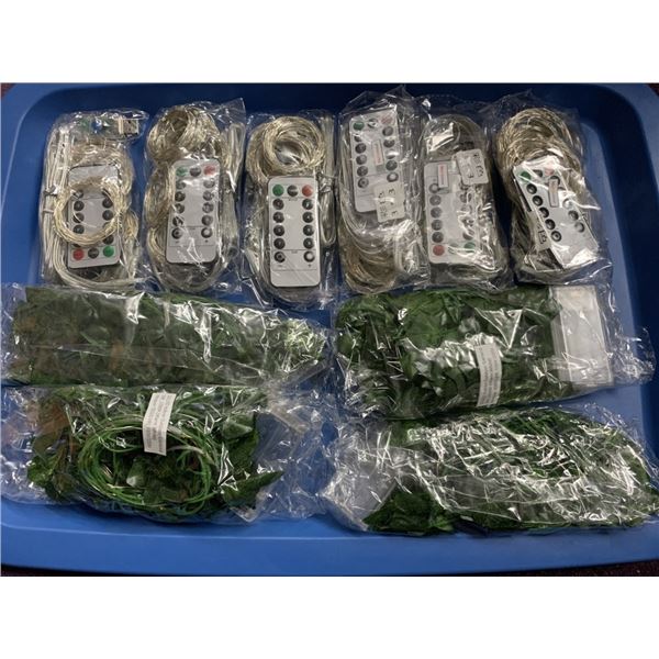 LOT OF 4 LED MINI STRING LEAF LIGHTS 8FT BATTERY POWERED LIGHTS AND 6 MINI RGB LIGHTS WITH REMOTE EA