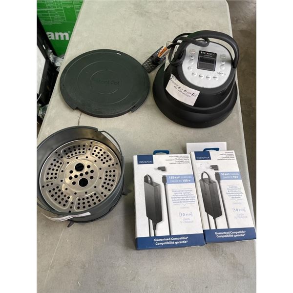 2 INSIGNIA LAPTOP CHARGERS, 90 WATT AND 180 WATT, AND INSTANT AIR FYRER LID W/ ACCESSORIES
