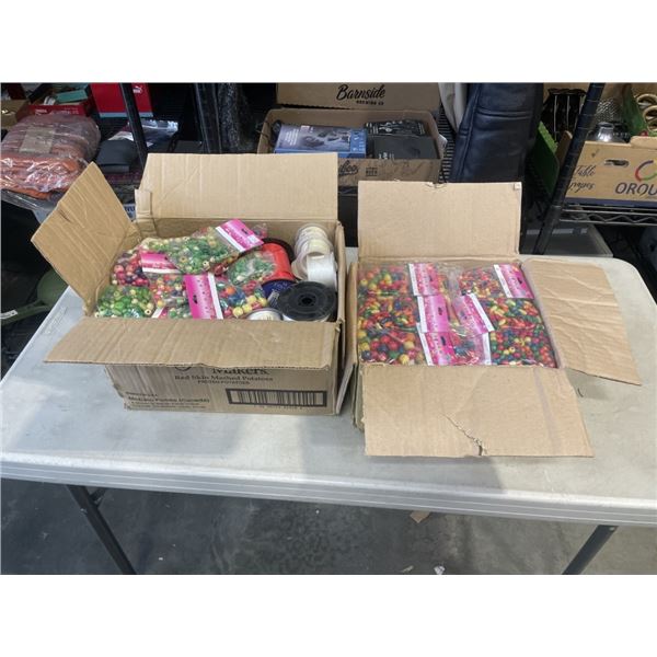2 CASES OF NEW WOODEN CRAFTING BEADS AND RIBBON