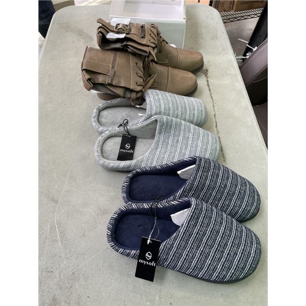3 PAIRS OF NEW 8.5 BOOTS AND SLIPPERS