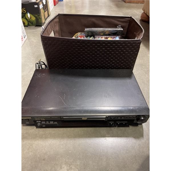 LEATHER BASKET OF ASSORTED DVDS AND DVD PLAYER