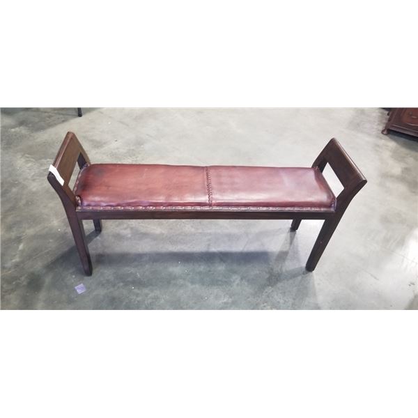 ANTIQUE BROWN LEATHER ENTRY BENCH