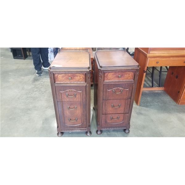 ANTIQUE PAIR OF NIGHTSTANDS, RESTMORE FURNITURE VANCOUVER BC, REAR BRASS GALLERY, 4 DRAWERS