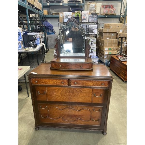 ANTIQUE RESTMORE FURNITURE VANCOUVER BC, DRESSER WITH BRASS CORNER GALLERY AND DRESSER TOP MIRROR WI