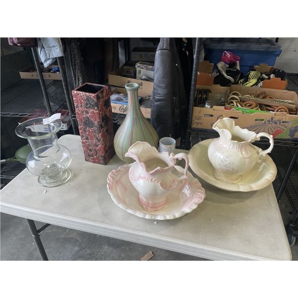 LOT OF COLLECTIBLES - JUG AND BOWL SETS AND VASES