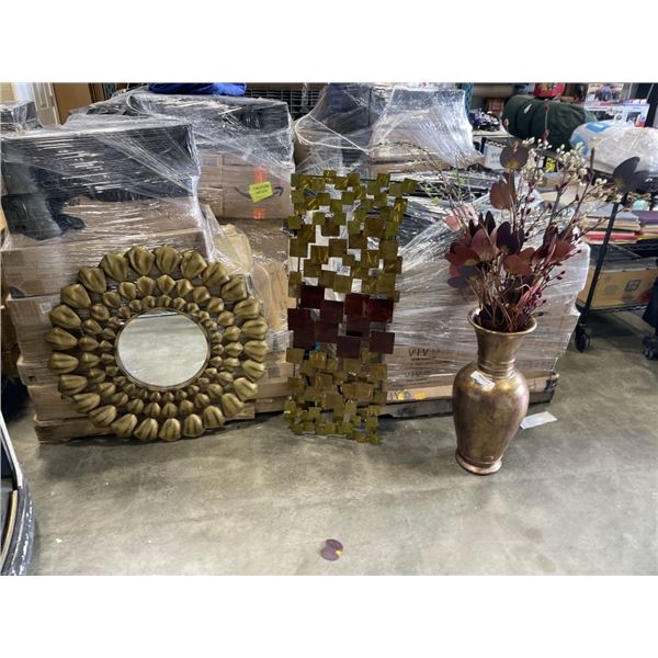 BRASS LOOK WALL ART AND MIRROR, AND VASE W/ DECORATIVE FLORALS
