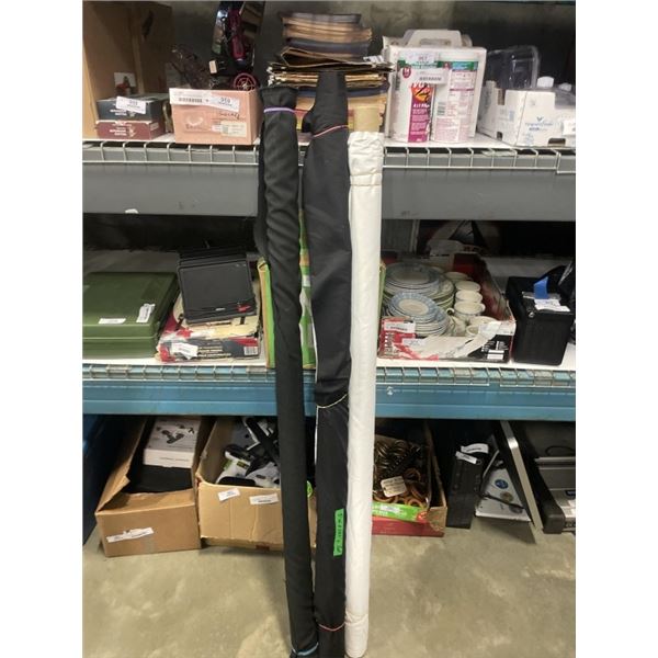 3 ROLLS OF FABRIC, 2 BLACK 1 WHITE. MEASUREMENTS APROX 80' X 5', 120' X 5', 15' X4.5'