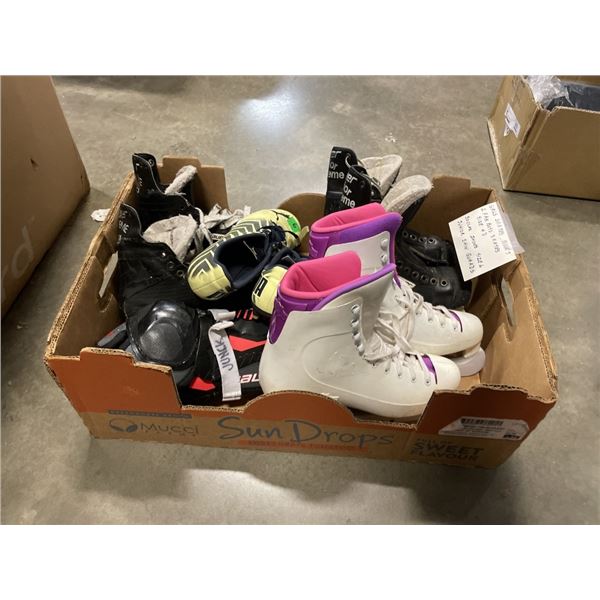 LOT OF ICE SKATES AND SOCCER SHOES. SIZE 7 GIRLS SKATES AND 2 PAIRS BOYS SIZE 4D SKATES AND SIZE 6 S