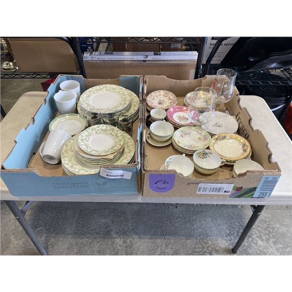 2 TRAYS OF ANTIQUE CHINA CUPS AND SAUCERS AND ASSORTED DINNER WARE