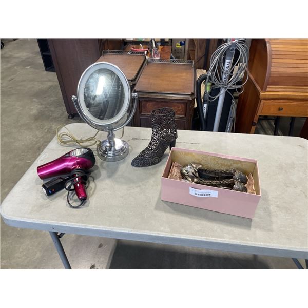 VINTAGE LADIES RHINESTONE DRESS SHOES, AND VANITY MIRRO, BLOW DRYERS, HIGH HEEL HOLDER
