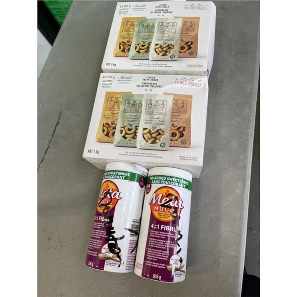 2  4PC ITALIAN TASTY SNACK PACKS AND 2 TUBS OF META-MUCIL