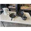 Image 1 : CAST IRON PAN, ELECTRIC KETTLE, AND POT AND PAN