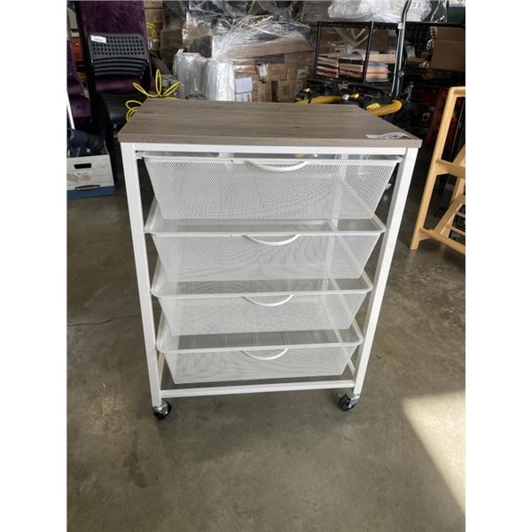 WHITE ROLLING METAL STORAGE BASKETS W/ WOOD TOP