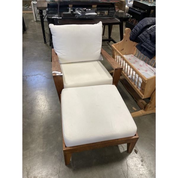 MODERN WOOD FRAME ARMCHAIR AND MATCHING FOOT STOOL, GOOD CONDITION
