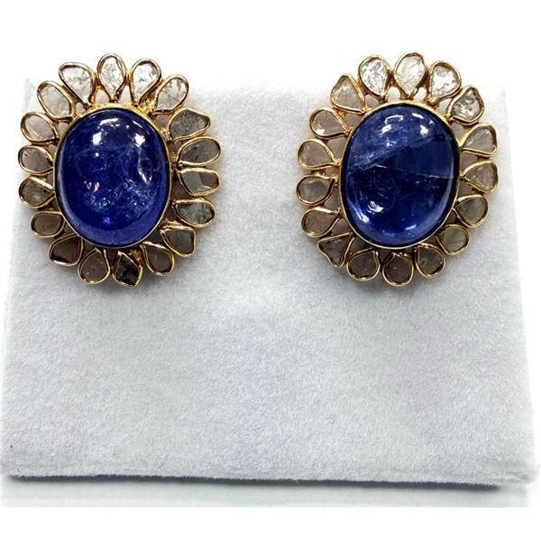 GOLD PLATED STERLING SILVER NATURAL TANZANITE (11CT) WITH NATURAL DIAMOND (0.50CT) EARRINGS, W/A $10