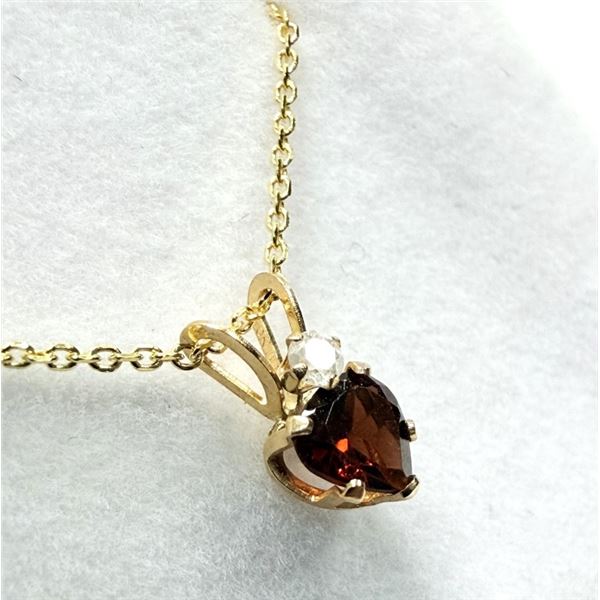 10KT YELLOW GOLD NATURAL GARNET AND DIAMOND HEART SHAPE PENDANT WITH GOLD  PLATED STERLING SILVER CH