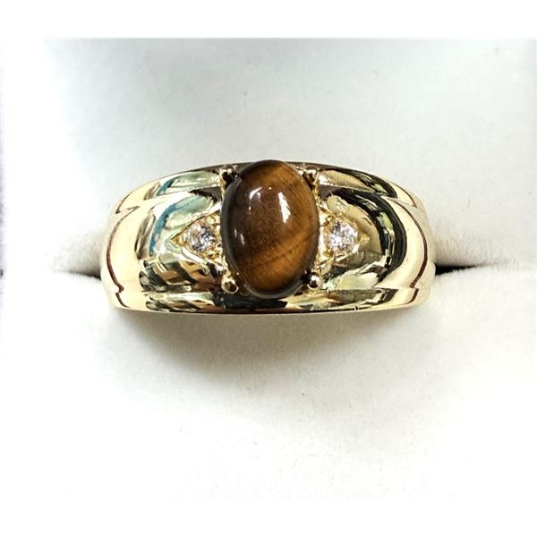 GOLD PLATED STERLING SILVER NATURAL TIGER EYE (1.59CT)  AND CZ RING, SIZE 10, W/A $1000.00.