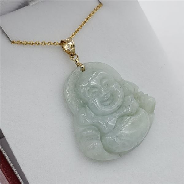 14KT YELLOW GOLD JADEITE (20.74CT) BUDDHA PENDANT WITH GOLD PLATED STERLING SILVER CHAIN, W/A $1875.