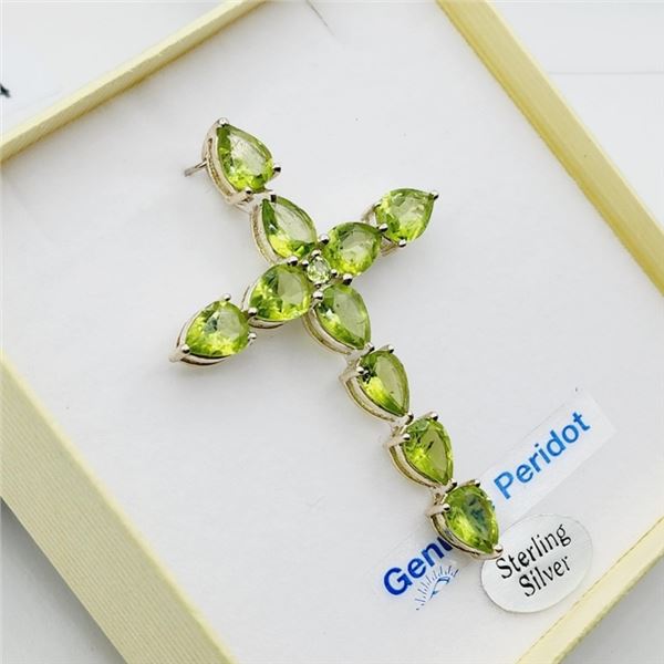STERLING SILVER NATURAL PERIDOT (11CT) CROSS PENDANT WITH STERLING SILVER CHAIN, W/A $825.00. PERIDO