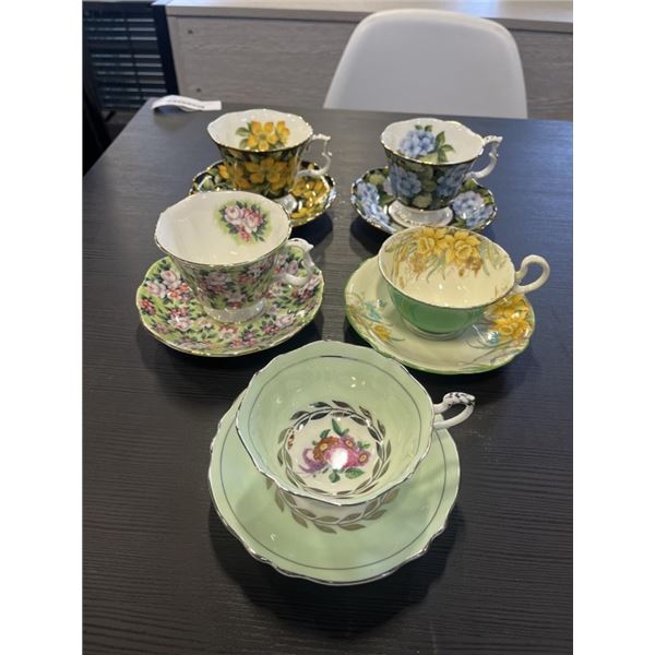 5 ASSORTED TEACUPS AND SAUCERS