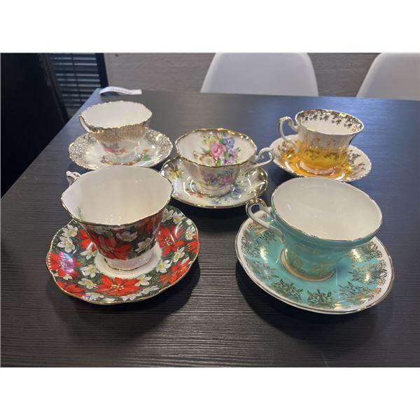 5 ASSORTED TEACUPS AND SAUCERS