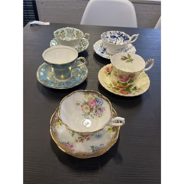 5 ASSORTED TEACUPS AND SAUCERS