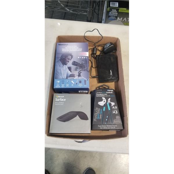 ASSORTED ELECTRONICS, INCLUDING ARC MOUSE, HEADPHONES ETC