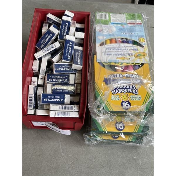 6 NEW PACKS OF CRAYOLA MARKERS AND PARTS BINS FULL OF NEW  ERASERS