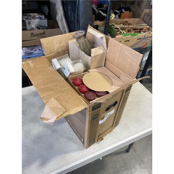 ASSORTED NEW CANDLES AND TEA LIGHTS, 6 NEW VASES ETC