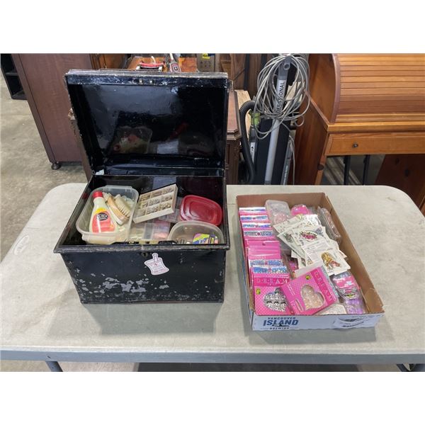 VINTAG EMETAL TRUNK FULL OF NAIL AND BEUTY IREMS, CRAFTS, AND TRAY OF FAKE TATTOOS 'ED HARDY' AND NA