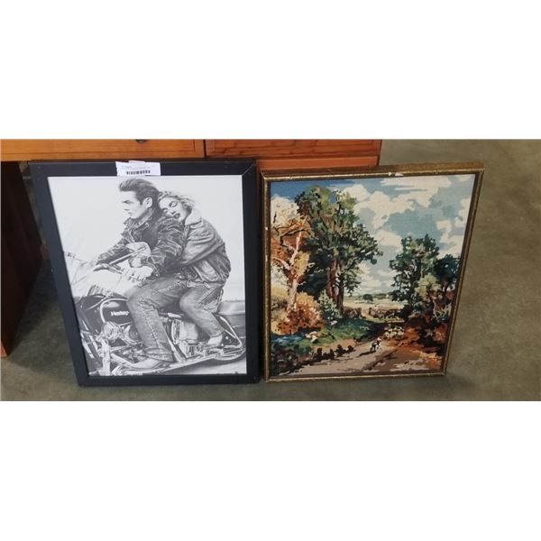 ANTIQUE NEEDLEPOINT PICTURE, AND HARLEY DAVIUDSON MARILYN AND DEAN