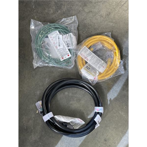 LOT OF 3 10FT INDOOR/OUTDOOR  3 WIRED GROUNDED EXETENSION CORDS 14 12 10 AWG