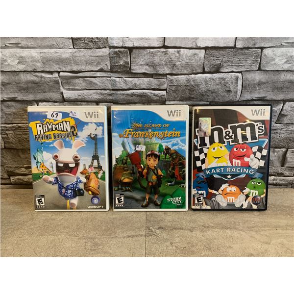 Lot of 3 Wii Games Rayman Raving Rabbids 2 /Island of Frankenstein/M&M Kart Racing