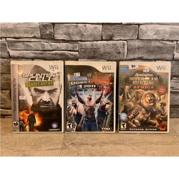 Lot of 3 Wii Games Super Slam Hunting Africa/ Smackdown Vs Raw 2011/Tom Clancy's Splinter Cell Doubl
