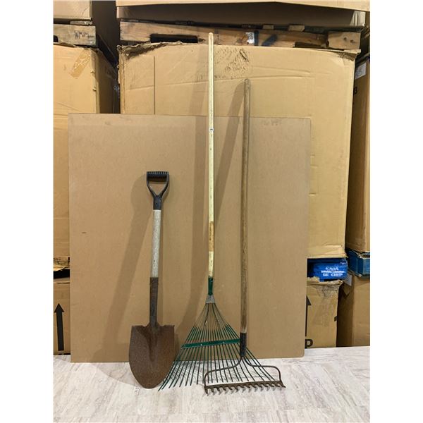 Lot of 3 - 2 Rakes And a Shovel