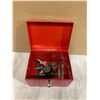 Image 2 : Red Tool Box With A Few Tools Wrench/Square/Level/Screwdriver/Tape Measure Ext