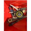 Image 3 : Red Tool Box With A Few Tools Wrench/Square/Level/Screwdriver/Tape Measure Ext