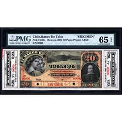 El Banco De Talca Specimen Banknote.