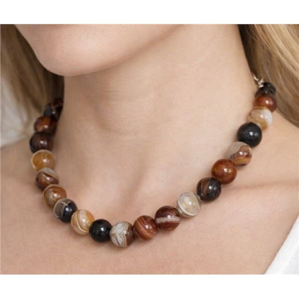 Natural Agate Bead Necklace 16" with Silver Clasp