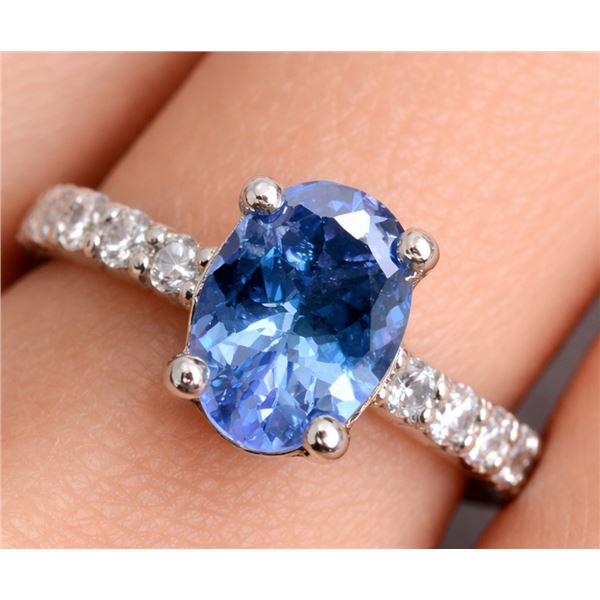 Platinum (2.93g) Tanzanite (0.6ct), Diamond (0.05ct) Ring, Size 5.5