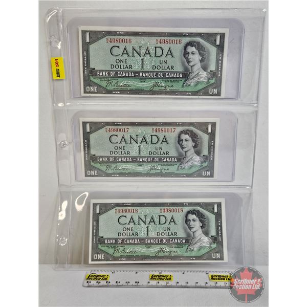 Canada $1 Bills 1954 DF "Devil's Face" (3 Sequential) : Beattie/Coyne #MA4980016-0017-0018