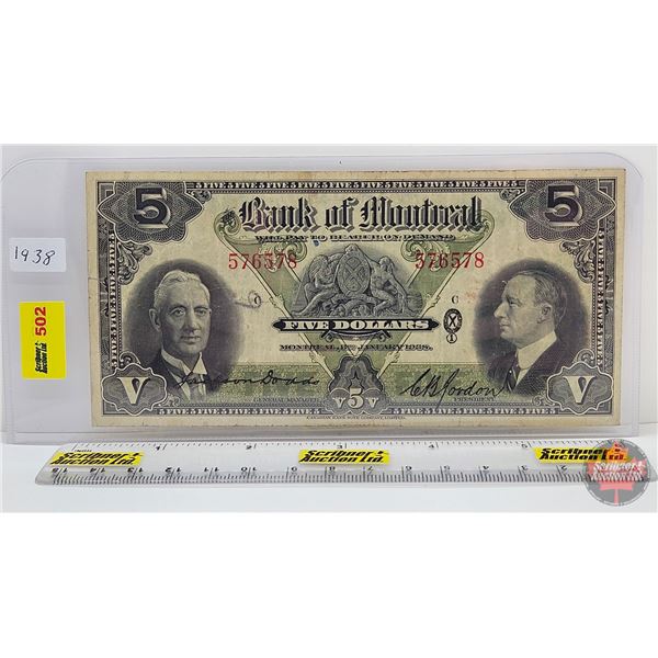 Bank of Montreal $5 Bill 1938 : Dodds-Gordon #576578