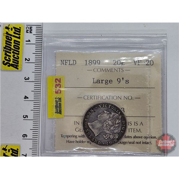 Newfoundland Twenty Cent 1899 : Large 9's (ICCS Cert : VF-20)