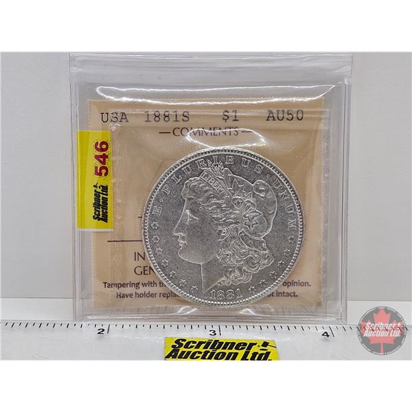 USA Morgan Dollar 1881S (ICCS Cert : AU50)
