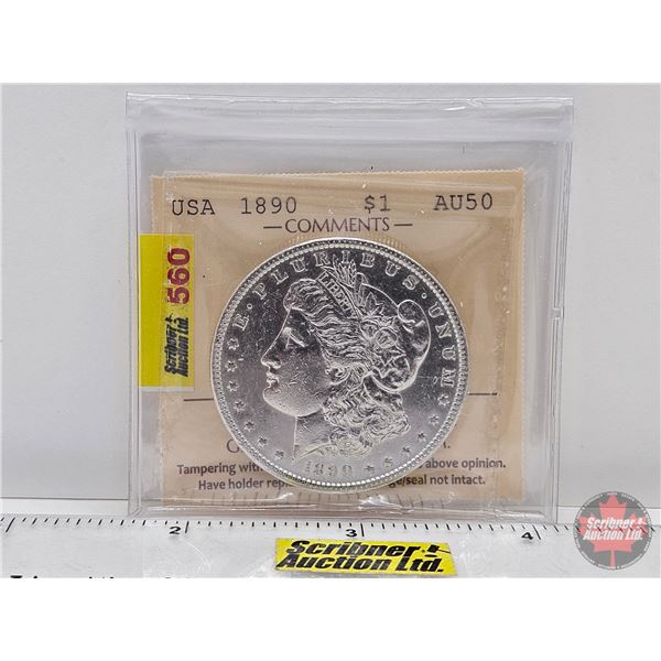 USA Morgan Dollar 1890 "Cleaned" (ICCS Cert : AU50)