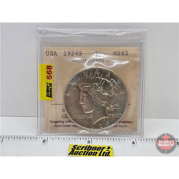 USA Peace Dollar 1924S (ICCS Cert : MS63)
