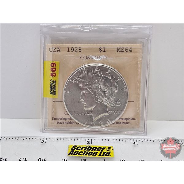 USA Peace Dollar 1925 (ICCS Cert : MS64)