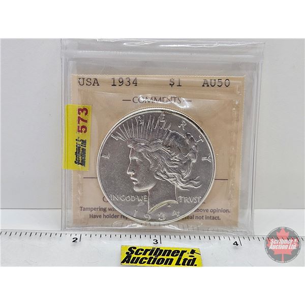 USA Peace Dollar 1934 (ICCS Cert : AU50)