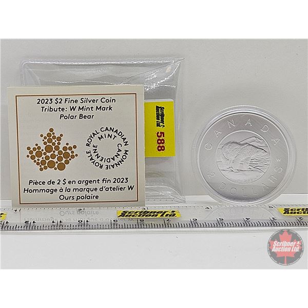 RCM Canada 2023 $2 Fine Silver Coin : Tribute : W Mint Mark : Polar Bear (COA #6450 : 99.99%) (GST E