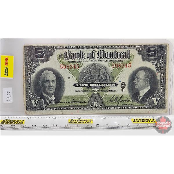 Bank of Montreal $5 Bill 1938 : Dodds-Gordon #598245